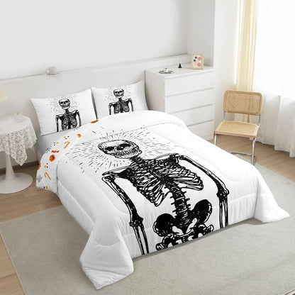 Erosebridal Halloween Skeleton Queen Bedding Set, Gothic Skull Comforter Set for Kids Boys Teens Men Bedroom Decor, Spooky Halloween Comforter, Skull Quilt with 2 Pillowcases