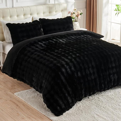 Lotus Karen Faux Fur Full Comforter Set, Black Fluffy Big Bubble Faux Rabbit Fur Winter Comforter Sets, Warm Cozy Fuzzy Bed Set 3 Pieces, 1 Comforter and 2 Pillowcases