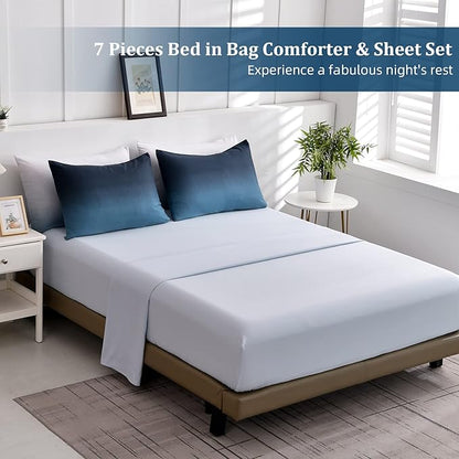 Anibedding Blue Comforter Set Queen - 7 Pieces Ombre Blue White Microfiber Bedding Set - All Season Down Alternative Light Ocean Sea Abstract Bed in a Bag for All Season (90" x90")