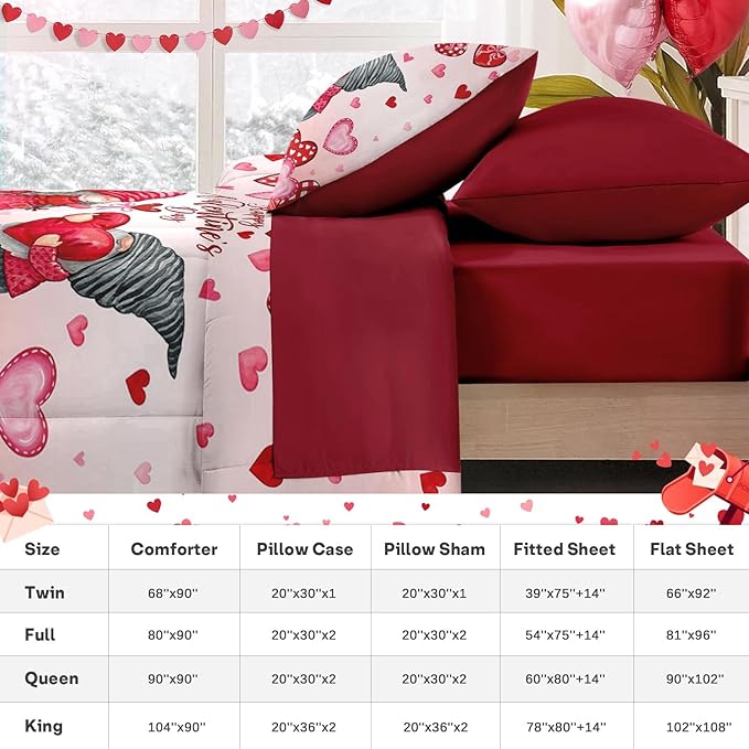 Nesker 7 Pcs Valentine's Day Comforter Set Queen Size, Gnomes Sweet Love Bedding Set for Kids and Adults, Pink Romantic Heart Sheets Bed Sheet Sets with Fitted Sheet 2 Pillowcases & 2 Shams