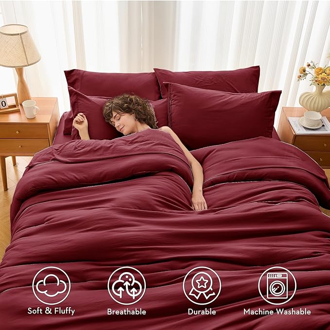 MUXHOMO 7 Pieces King Comforter Set, Soft Bed in a Bag King Size, All Season Bedding Set with Comforter, Flat Sheet, Fitted Sheet, Pillowcases & Shams, Burgundy Red