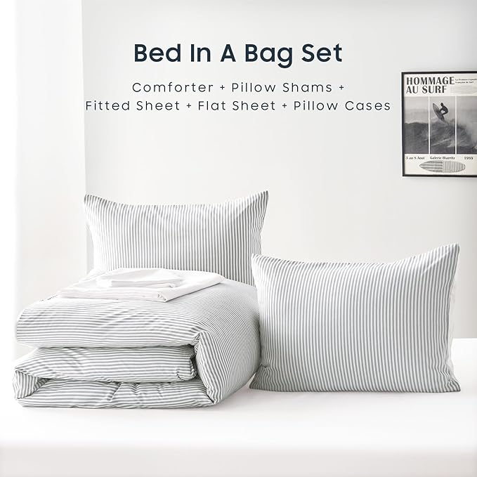 Wake In Cloud - Striped Comforter Set with Sheets, Ticking Stripe Vertical Pinstripe Neutral Farmhouse Pattern Printed, 7 Pieces Bed in a Bag, Gray White, Full Size