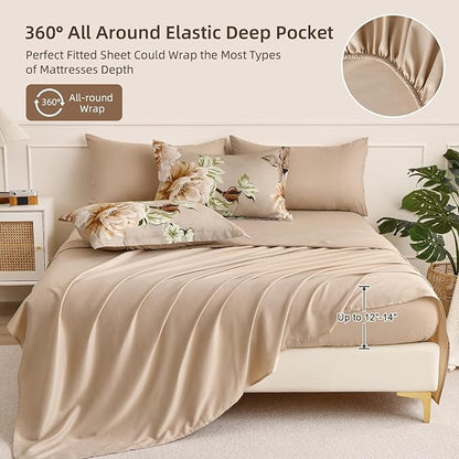 Drucon Floral Comforter Set King Size 7 Pieces Bed in a Bag, Khaki Floral Bedding Set, Soft Microfiber Comforter and Sheet Set for All Season (King, 104"x90")