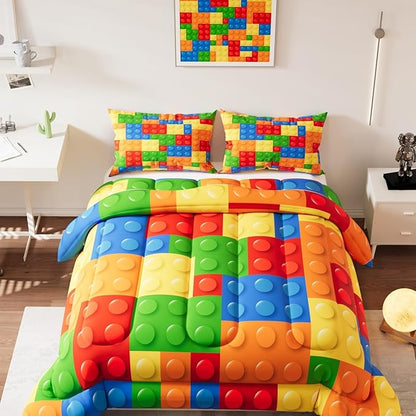 Building Blocks Comforter Set, Colorful Theme 3D Pattern for Kids Teens Adults,Decorative Bedding Comforter Sets with 2 Pillow Shams, Twin Size