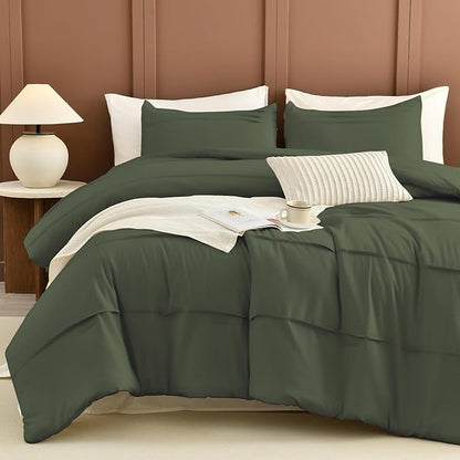 Sanracie King Comforter Set(106"x 95"), Cotton Olive Green Color Pinch Pleated Bedding Sets,3Pcs Lightweight Breathable Neutral Comforter Sets for All Season