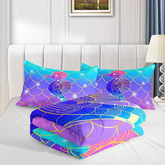 HOSIMA Mermaid Fish Scales Bedding Sets Twin,Seahorse Printed Ocean Animal Rainbow Bedding Glitter Star Themed Twin Comforter Set for Kids Room Decor,Twin Bed Set for Girls with 2 Pillowcases.