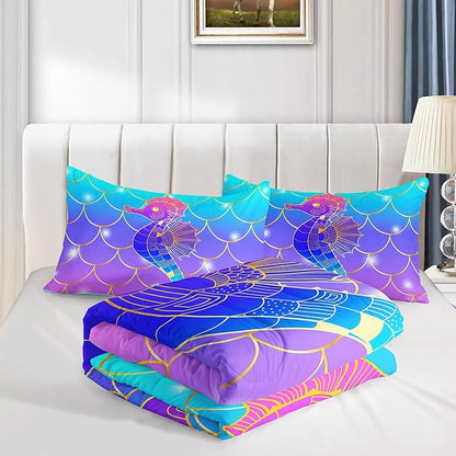 HOSIMA Mermaid Fish Scales Bedding Sets Twin,Seahorse Printed Ocean Animal Rainbow Bedding Glitter Star Themed Twin Comforter Set for Kids Room Decor,Twin Bed Set for Girls with 2 Pillowcases.