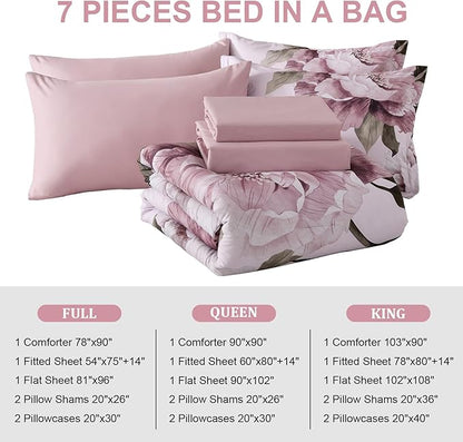 Dobuyly Pink Full Size Comforter Set 7 Piece Bed in a Bag, Blush Floral Printed on Light Pink Comforter Set with Sheets, Soft Microfiber Botanical Bedding Set for All Season