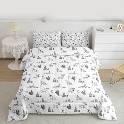 Erosebridal Woodland Animals Comforter Set King Size Bear Deer Wolf Hunting Theme Bedding Set for Kids Child | Rustic Cabin Lodge Decor Duvet Insert Farmhouse Wildlife Mountain Black White Quilt