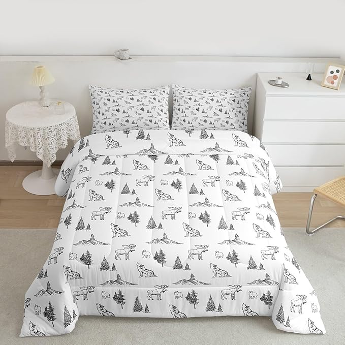 Erosebridal Woodland Animals Comforter Set Toddler Size Bear Deer Wolf Hunting Theme Bedding Set for Kids Child | Rustic Cabin Lodge Decor Duvet Insert Farmhouse Wildlife Mountain Black White Quilt