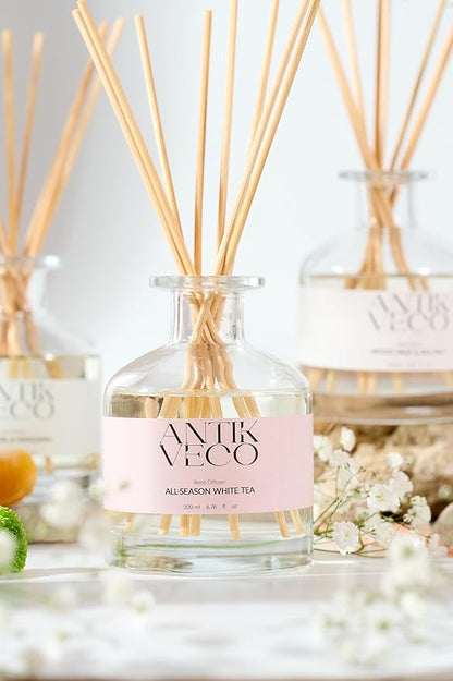 All-Season White Tea Diffuser – Home Fragrance with 8 Rattan Sticks – Long Lasting, Fresh White Tea & Citrus Scent – Non-Toxic, Premium Reed Diffuser for Home or Office – 90 Days