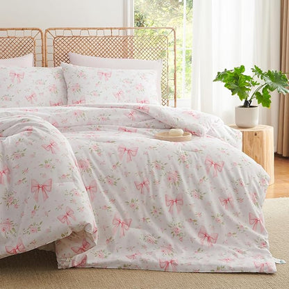 Pink Bow Comforter Set Queen 3Pcs Pink Floral Bedding Set for Girls Kids Cute Romantic Princess Style Bowknot Bedding Ultra Soft Garden Flower Comforter Sets with 2 Pillowcases