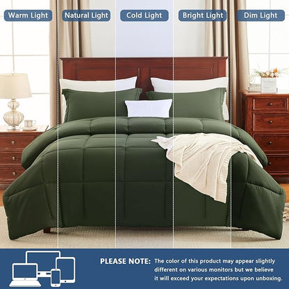CozyLux Full Size Comforter Sets - Olive Green Comforter Full Size, 3 Pieces Box Stitched Bed Set for All Seasons, Soft Lightweight Bedding Sets with 1 Down Alternative Comforter and 2 Pillow Shams