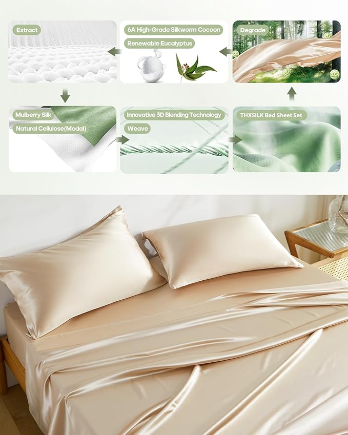 THXSILK Silk Sheet Set 4 Pcs, Queen Size Sheet Set, Soft Breathable Cooling Bed Sheets with 1 Flat Sheet, 1 Fitted Sheet, 2 Pillowcases with Zipper Closure, Champagne