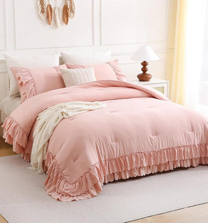 Herside Pink Ruffle Comforter Set Queen Size,Shabby Chic Boho Bedding Sets, Soft Fluffy Comforters Sets for All Season,Vintage Ruffled 3 Pcs Microfiber Lightweight Quilt Set for Women Girls