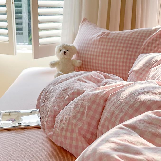 mixinni Gingham Comforter Set Full Size - 3 Piece Light Pink Plaid Farmhouse Bedding, Soft Washed Cotton All-Season Comforter & Pillow Shams, Grid Pattern Classic Style for Boys Girls
