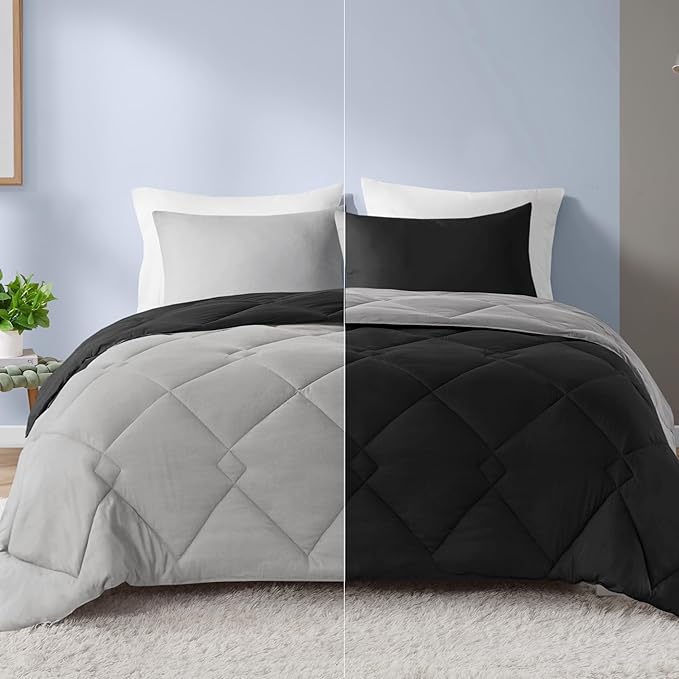 Comfort Spaces Vixie Reversible Comforter Set - Trendy Casual Geometric Quilted Cover, All Season Down Alternative Cozy Bedding, Matching Sham, Black/Gray, King 3 piece