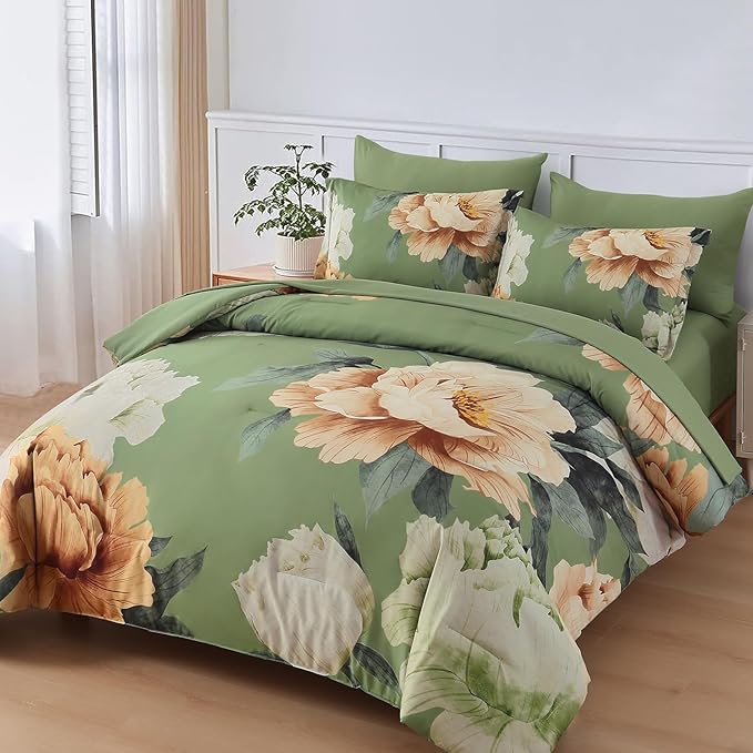 Dobuyly Queen Comforter Set 7 Piece Bed in a Bag, Olive Green Floral Comforter Set with Sheets, Soft Microfiber Botanical Flower Bedding Set for All Season