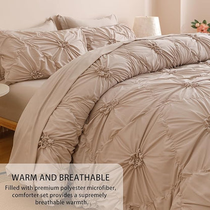 Khaki Queen Comforter Set - 7 Pieces Bed in a Bag, Premium Comforters Queen Size Bed Set Pintuck Pinch Pleat Complete Comforter Set with Flat Sheet, Fitted Sheet and Pillowcases,Khaki