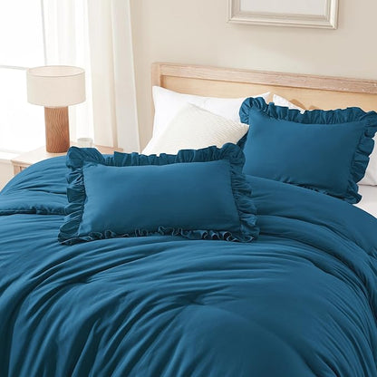 Andency Teal Ruffle Comforter Full (79x90Inch), 3 Pieces(1 Ruffled Comforter and 2 Pillowcases) Solid Farmhouse Shabby Chic Bed, Vintage Rustic Soft Microfiber Bedding Set