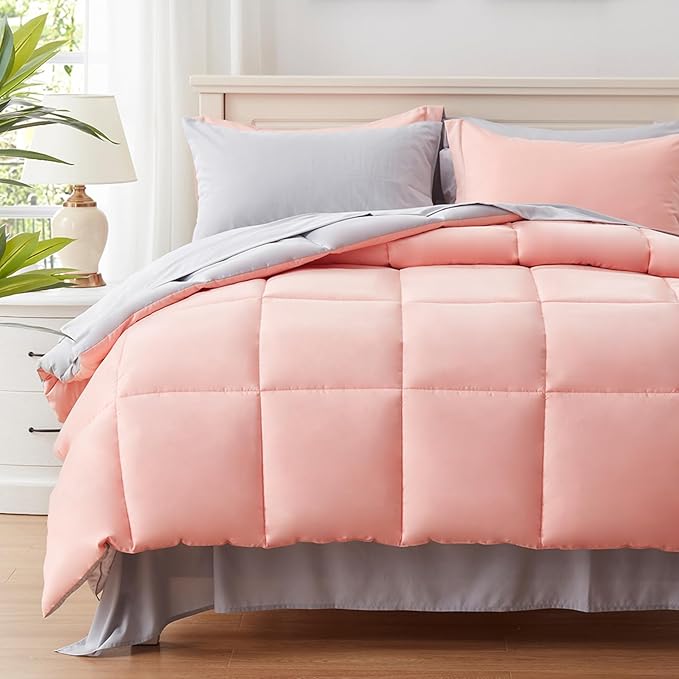 Anluoer King Size Bed in a Bag 7 Pieces, Pink Bed Comforter Set with Sheets, All Season Bedding Sets with 1 Comforter, 2 Pillow Shams, 2 Pillowcases, 1 Flat Sheet, 1 Fitted Sheet