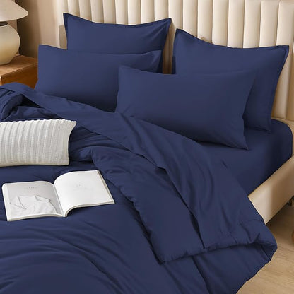 Litanika Super King Plus Comforter Sets Navy Blue - 7 Pieces Bed in a Bag Beddding Sets, Solid Lightweight Bed Set with Comforter, Sheets, Pillowcases & Shams