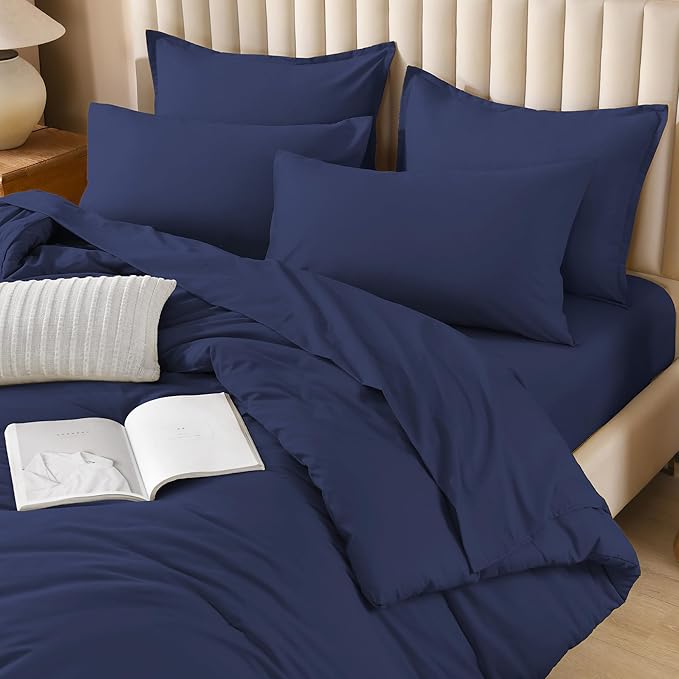 Litanika Full Size Comforter Sets Navy Blue - 7 Pieces Bed in a Bag Full Bedding Comforter Sets, Solid Lightweight Bed Set with Comforter, Sheets, Pillowcases & Shams