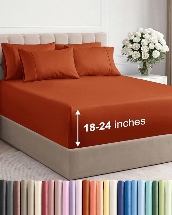 Extra Deep King Sheet Set - 6 Piece Breathable and Cooling Sheets - Hotel Luxury Bedding for Women, Men, Kids & Teens - Easy & Secure Fit - Soft, Wrinkle Free & Comfy - Extra Deep Pockets - Terracotta