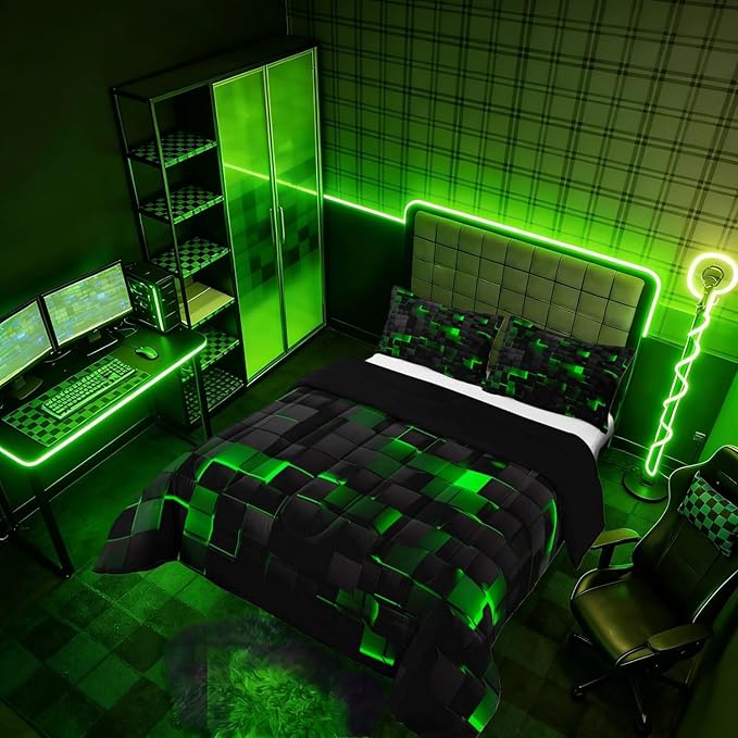 Erosebridal Black Green Comforter Set Full Neon Geometric Checkered Bedding Set for Kids Boys Gaming Room Decor,Teen Men Abstract Stereoscopic Grids Quilt Square Plaid Check Bed Set 3 Pcs