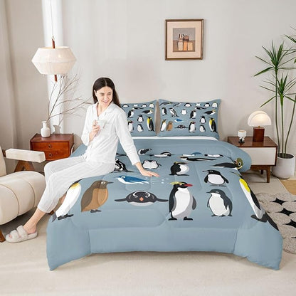 Erosebridal Penguins Bedding Set for Boys Young,Antarctica Animals Wildlife Comforter Set for Kids Man,Cartoon Little Penguins Quilted Duvet,Cute Wild Safari Theme Bedroom Decor Twin Size