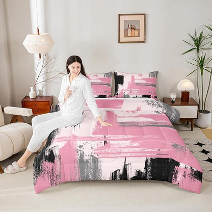 Erosebridal Girls Pink King Comforter Set Girly Abstract Pink and Black Comforter Set for Kids Teens Women Geometric Modern Bedding Sets Minimalists Striped Art Bed Sets for Adults Boys Men
