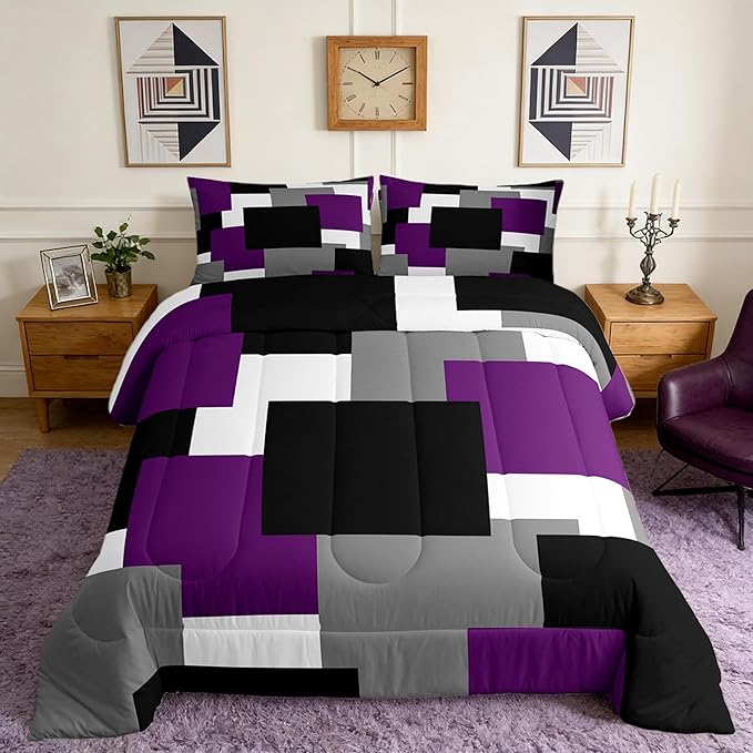 Castle Fairy Purple Grey Black Twin Size Comforter Set for All Seasons,Geometric Grid Square Splicing Bedding Set Teens Bedroom Decor,Modern Abstract Comforter Inner Fill with 1 Pillowcase