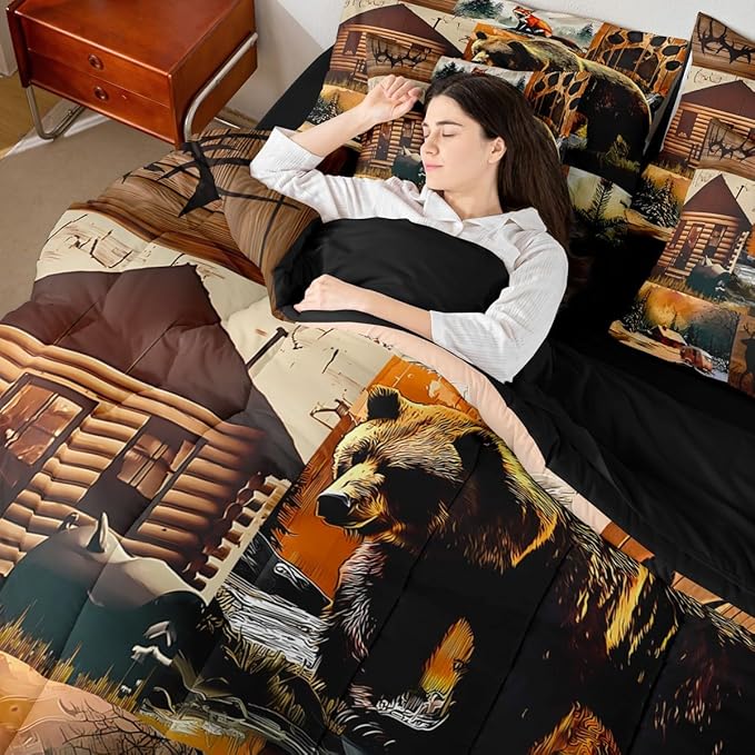 Erosebridal Rustic Lodge 7 Piece Comforter Set Twin Size Bear Deer Fox Cabin Bedding Set for Kids Teens Adult | Country Woodland Animals Duvet Insert Vintage Barn Pine Trees Brown Black Sheets
