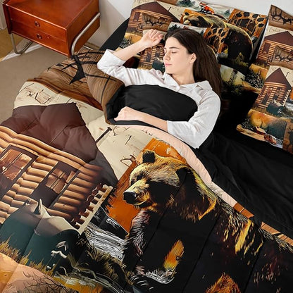 Erosebridal Rustic Lodge 7 Piece Comforter Set King Size Bear Deer Fox Cabin Bedding Set for Kids Teens Adult | Country Woodland Animals Duvet Insert Vintage Barn Pine Trees Brown Black Sheets