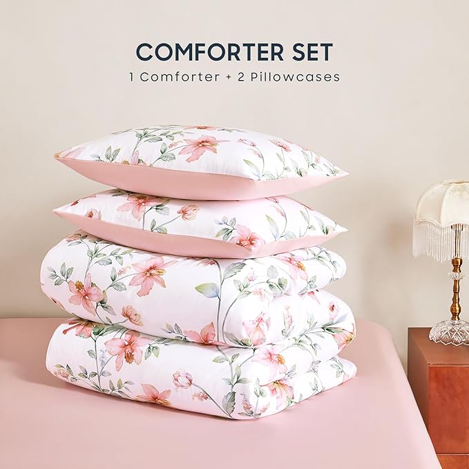 Wake In Cloud - Floral Comforter Set, Cottagecore Cottage Rustic Farmhouse Style with Botanical Flowers and Leaves Pattern, Soft Lightweight Bedding, 3-Piece, Pink White, Twin/Twin XL Size