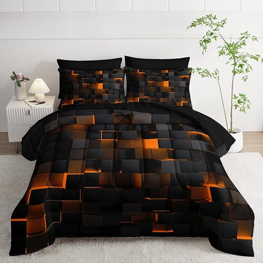 Geometric Yellow Black Full Comforter Set,Light Honeycomb Bedding Set 7 Piece in A Bag,Bed Sheet Set Geometry Decor,Microfiber Lightweight All Season