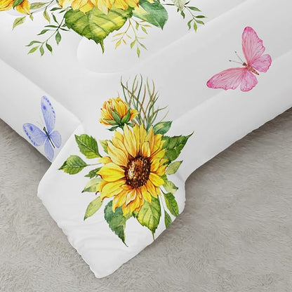 Sunflower Comforter Sets,Floral Botanical 3-Pieces Microfiber Bedding Quilt for Girls Teens,Decorative Bedding Comforter Sets with 2 Pillow Shams, Queen Size