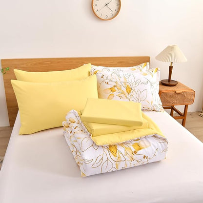 WONGS BEDDING Yellow Botanical Comforter Set Full, 7 Pieces Floral Bed in a Bag Gloden Leaves Bedding Set Soft Microfiber Full(1 Comforter,2 Pillowcase,2 Pillow Shams,1 Flat Sheet,1 Fitted Sheet)