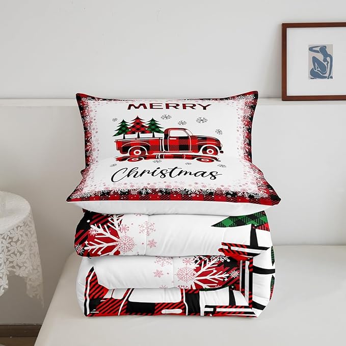 Christmas Truck Pine Tree Comforter Set Twin Size for Kids Girls Boys,Merry Christmas Bedding Set White Black Red Snowflake Patchwork Plaid Quilt Set Geometric Grid Duvet Insert,1 Pillowcase