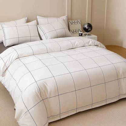 Cottonight White Blue Grid Comforter Set King Women Men Plaid Bedding Comforter Set King Size Checkered Blanket Quilts 3 Piece Soft Modern Breathable Bedding Set
