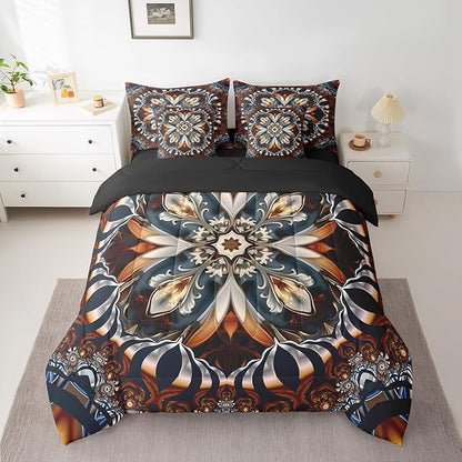 Scarlet Art Deco Bed in a Bag Oriental Bedding Full Size 7pcs, Vintage Floral Comforter Set Boho Mandala Bedding Comforter Sets, Retro Tribal Pattern Bedding Accessories Aesthetic Bedroom Decor
