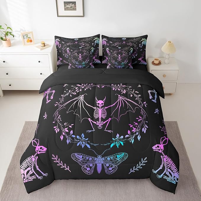 Moth Animal Comforter Set,Gothic Skull Boho Kids Bedding Set for Bedroom Decor,Black and White Skeleton Bed Set(Comforter+Fitted+Flat Sheet+Pillowcases+Pillow Covers),King