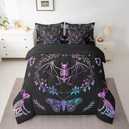 Castle Fairy Moth Animal Comforter Set in a Bag 7 Pieces,Gothic Skull Boho Quilt Set,Black and White Skeleton Bedding Set Twin (1 Comforter,2 Pillowcase,2 Pillow Covers,1 Flat Sheet,1 Fitted Sheet)