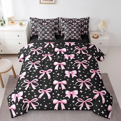 Erosebridal Bowknot Girls Pink Black Kawaii Y2K Full Comforter Set 7 Pieces | Princess Bed in A Bag for Bedroom Princess Bedding Set with Comforters Cute Bow Room Decor