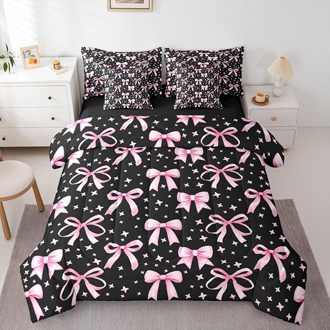 Erosebridal Bowknot Girls Pink Black Kawaii Y2K 7 Piece Bedding Set Twin | Princess Comforter Set with Sheets Princess Bed in A Bag Cute Bow Bed Sets