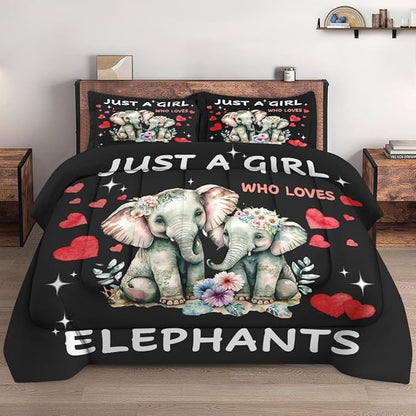 King Size Comforter Set with 2 Pillowcases, Cute Animal Elephant 3 Pcs Bedding for Kids and Adults, Funny Watercolor Flower Soft Comforter Set for Bedroom Bed Decor
