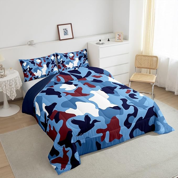 Erosebridal Duck Camo Comforter Set King Size Camouflage Bedding for Kids Hunting Farmhouse Camping Comforter Vintage Navy Blue Room Decor Wild Duck Rustic Animal Duvet Set