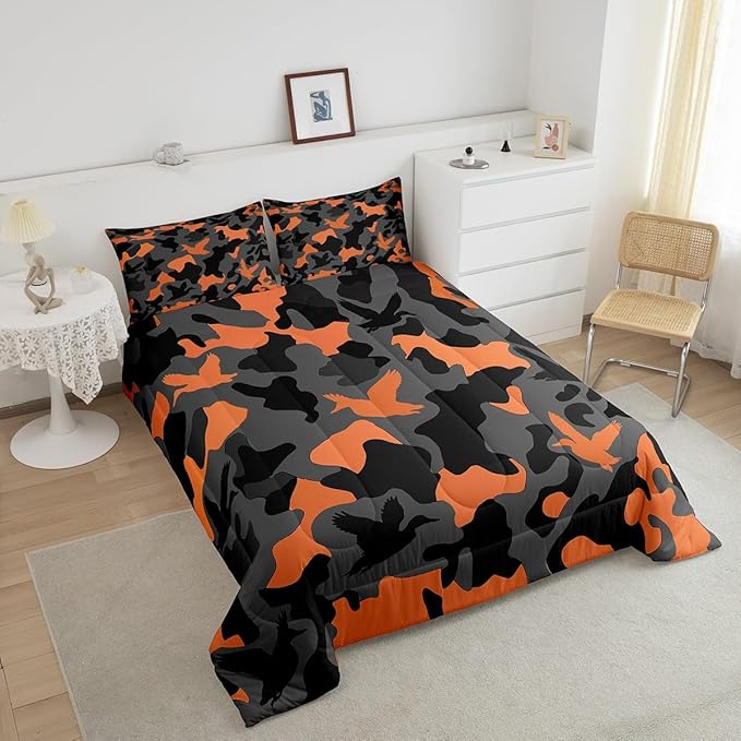 Erosebridal Hunting Duvet Insert Queen Size Camouflage Bedding for Kids Army Wild Duck Bedding Comforter Sets Vintage Orange Grey Mallard Duck Bedroom Decor Wild Animal Duck Rustic Comforter Set
