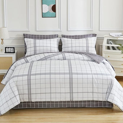EMME King Comforter Set-7 Pieces Bed in a Bag Plaid Bedding Sets with Black White Comforter,Sheets, Pillowcases and Shams,Soft Microfiber Down Alternative for All Season