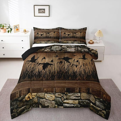 Erosebridal Mallard Duck Hunting Twin Size Comforter Set Farmhouse Lodge Bedding Set Rustic Cabin Bedding Comforter Sets,Brown Country Wooden Stone Quilt 2 Pcs